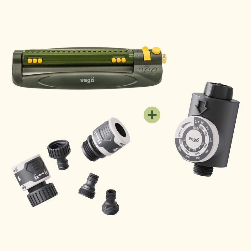 Vego 20-Nozzle Oscillating Sprinkler & Flow Meter Timer & Quick Connector Set V2 - Set of 5